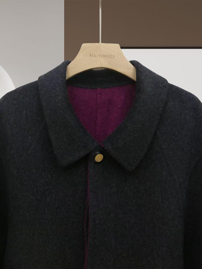 Двухцветное шерстяное пальто-кокон - Минималистичное, Высококачественное, Утепленное, Свободного кроя, Двустороннее