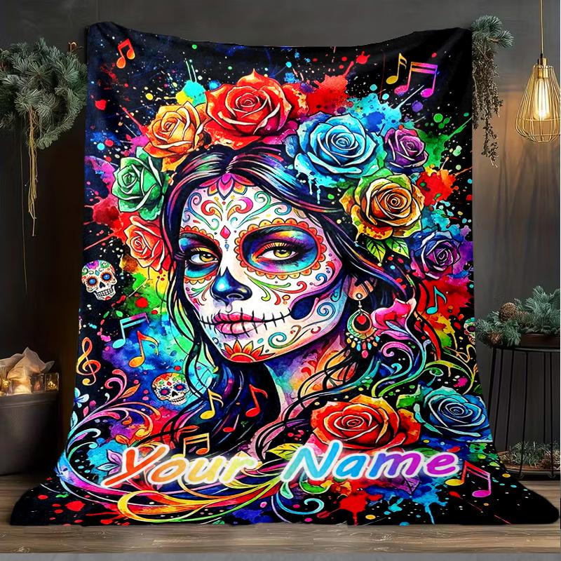 1PC Custom Name Colorful Sugar Skull Art flannel blanket versatile,all-season throw suitable for the living room,bedroom,camping,travel,and gift
