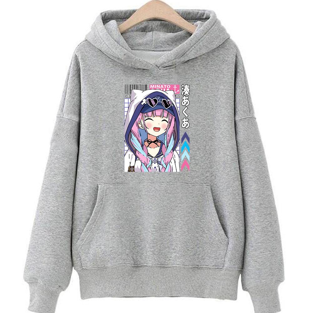 Minato Aqua Hololive Hoodie Long Sleeve Nakiri Ayame Vtuber Sweatshirts Women Cartoon Printed Pullovers with Hooded Streetwear
