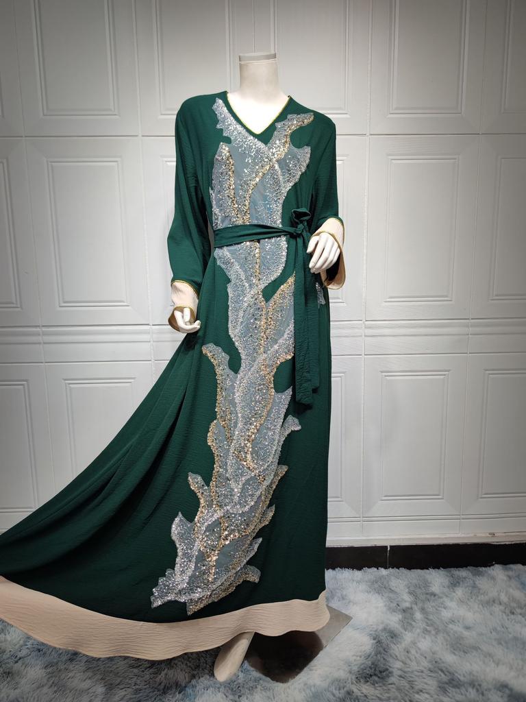 Женская одежда, модное мусульманское платье с вышивкой и пайетками, Абая, средневосточное женское свободное облегающее мусульманское платье