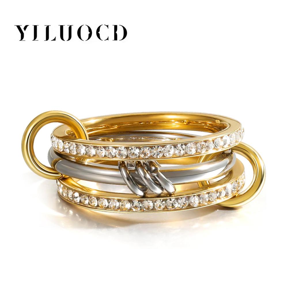 YILUOCD Gilded Stainless Steel Stackable Rings Set for Women Micro Pave 5A Cubic Zirconia Tarnish Dainty Ring Statement Jewelry