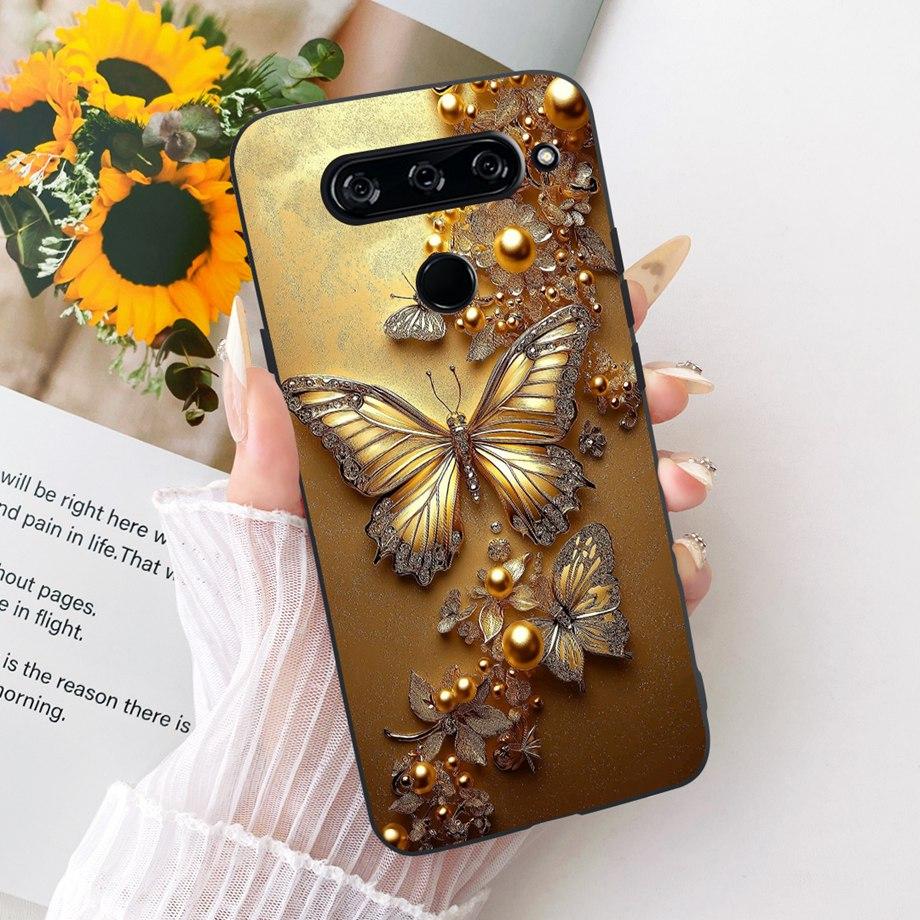 For LG V40 V50s V35 ThinQ LG V8X ThinQ V30 2017 Phone Case Soft TPU Bumper Back Cover Cool Cartoon Luxury Butterfly Flower Funda