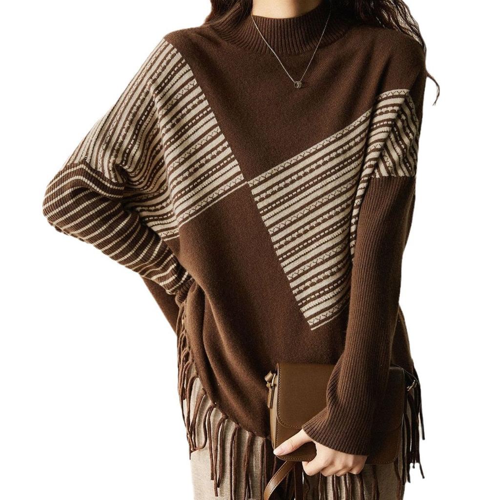 Европейский и американский стиль полуводолазка полосатый бахрома вязаный свитер весна и осень свободный темперамент свитер женская верхняя одежда