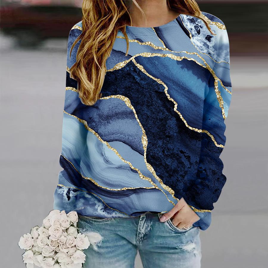 Tops For Women Oil Painting Rivers Print Round Neck Long Sleeve T-shirt Fall Casual Slim Pullover Women's Long Sleeve Top