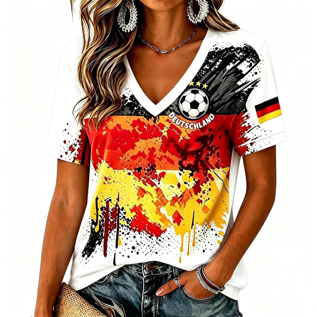 Women V Neck T Shirt Short Sleeve Casual Tee Top Germany Inspired Graphic Print Lightweight Summer Blouse