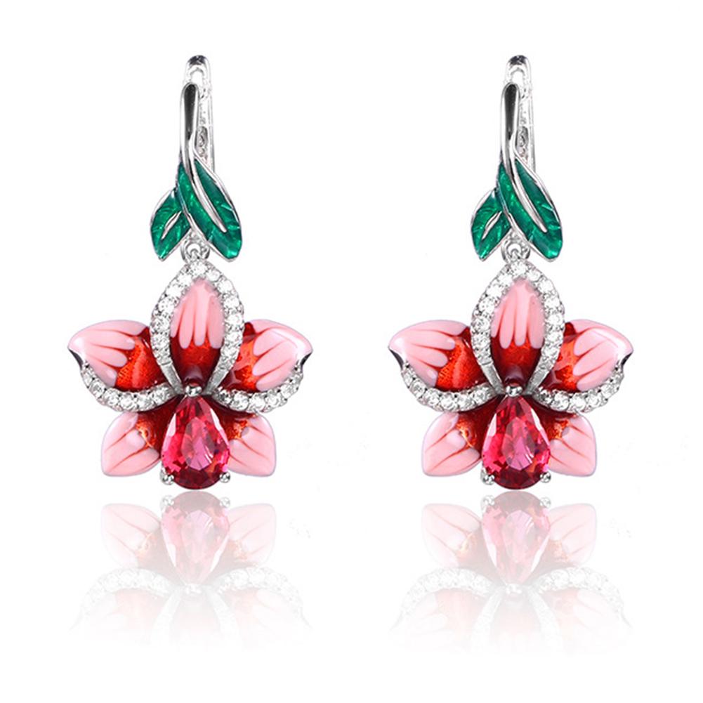 Diamonding Jewelry Chic Women Enamel Leaf Flower Pendant Crystal Stone Inlaid Leverback Earrings