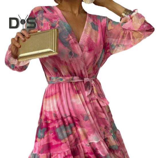 Женское вечернее платье в стиле пэчворк с V-образным вырезом на шнуровке на талии в богемном стиле с рукавами-фонариками плиссированное шифоновое платье макси с красочным принтом трапециевидной формы с большим подолом