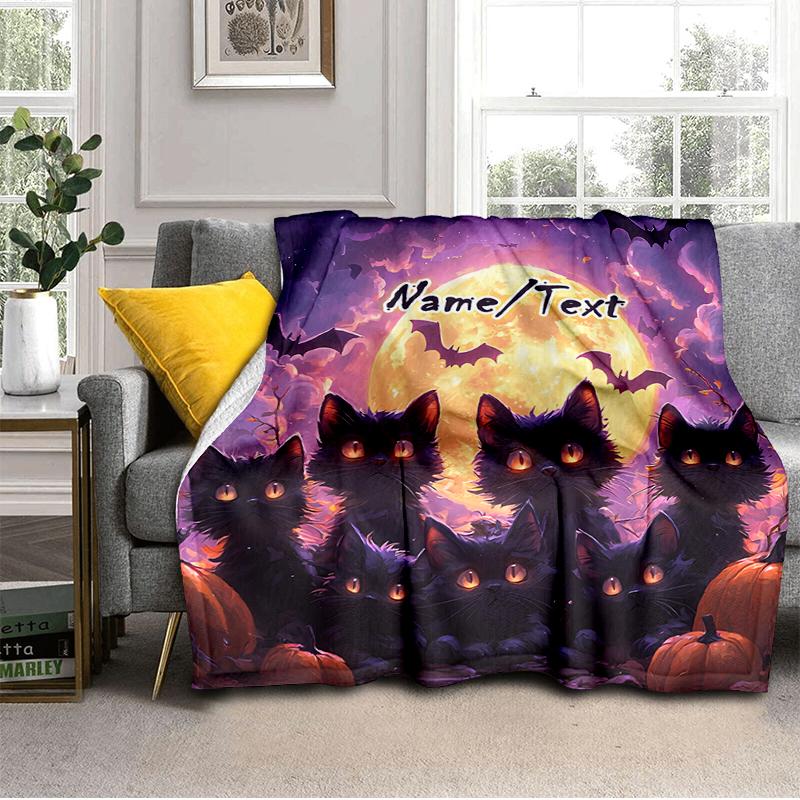1PC Custom Name Halloween Cats Pumpkins outdooor Flannel blankets Throw Blanket All-Season Throw Gift Bedspread for Couch, Bed, Camping Holiday Birthd