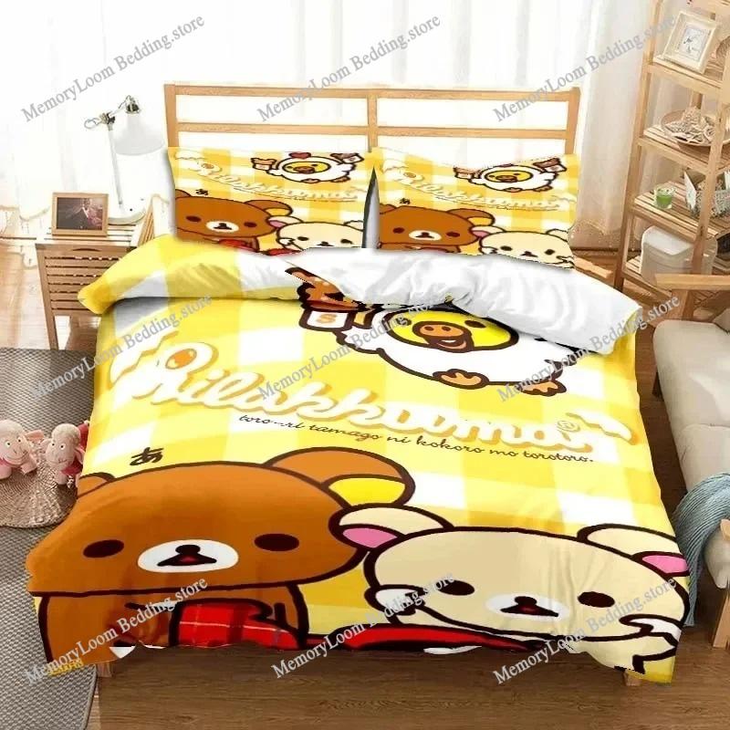 Anime Character Cute Rilakkuma Bear Bedding Set Full/Queen/King Size Duvet Cover Pillowcase Kids Adult Soft Home Textile Set