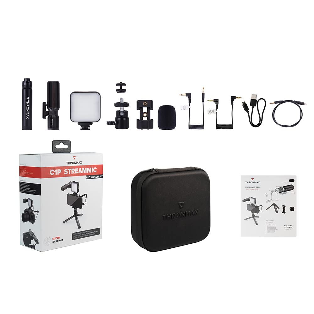 Camera Microphone for Digital SLR Cameras LED Smartphone and Thronmax C1P Streammic Pro Vlogger Kit (Includes Light, Tripod, Holder, Cable, Adapter)