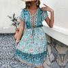 Women's Fashion Summer Spring Bohemia Flower Pattern Print Short Sleeve V-Neck High Waist Casual Dresses