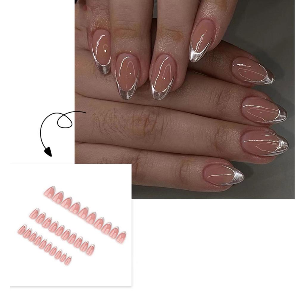 Серебряный французский типс накладной ноготь короткий миндалевидный накладной ноготь с полным покрытием простой накладной ноготь простой искусственный ноготь