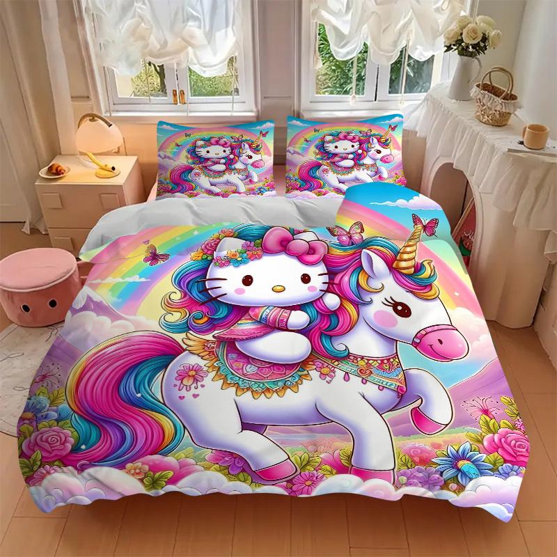 3pcs Hello Kitty as a Rainbow Unicorn Pattern Bedding Set, 1* Cover + 2*Pillowcases, Printed Bedding Set, Soft and Comfortable, Suitable for