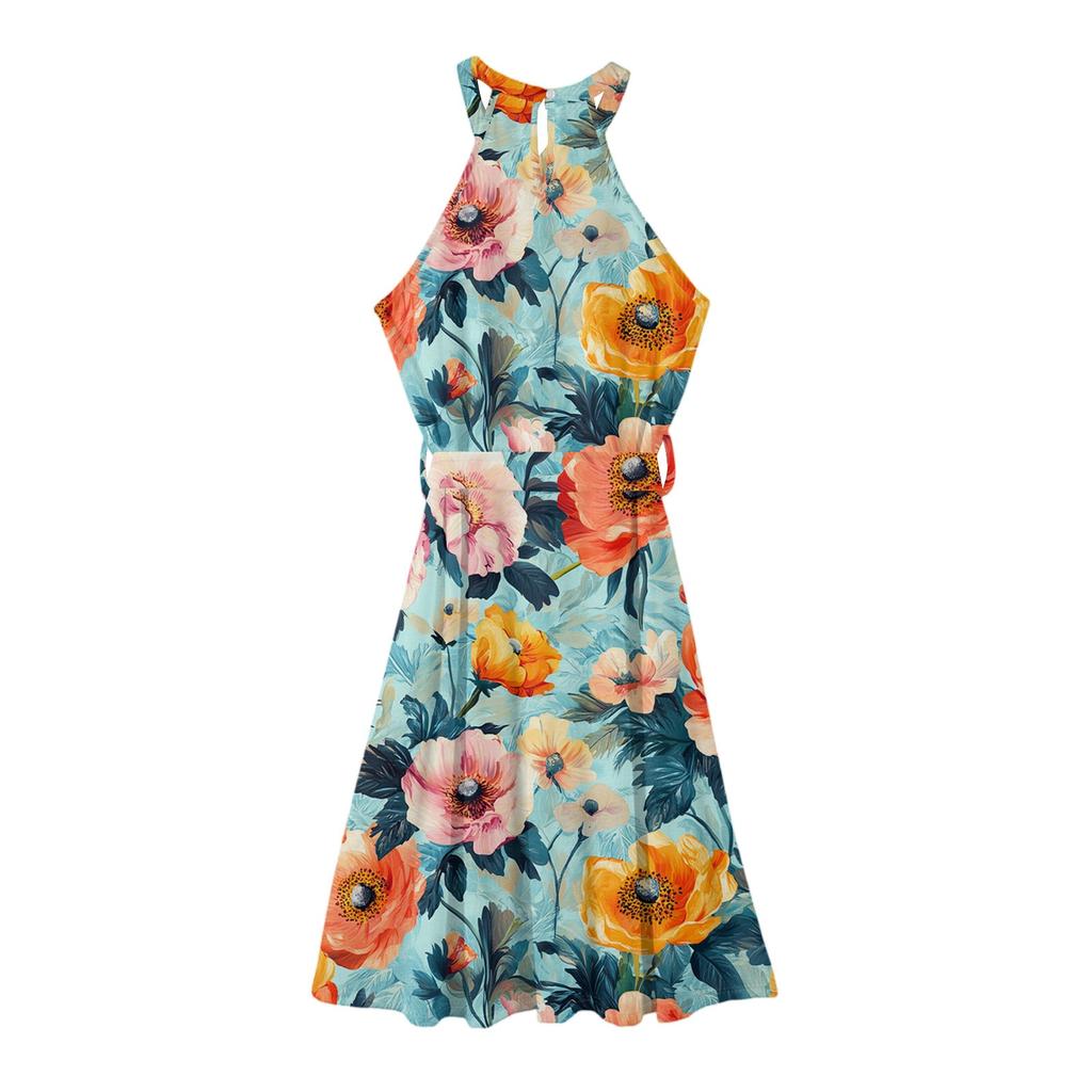 Женское повседневное платье миди с круглым вырезом, классическое, повседневное, без рукавов, свободное платье в стиле бохо с завязками, летний пляжный сарафан