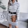 Women Fall Winter Turtleneck Striped Long Sleeve Loose Sweater Knit Dress S-L