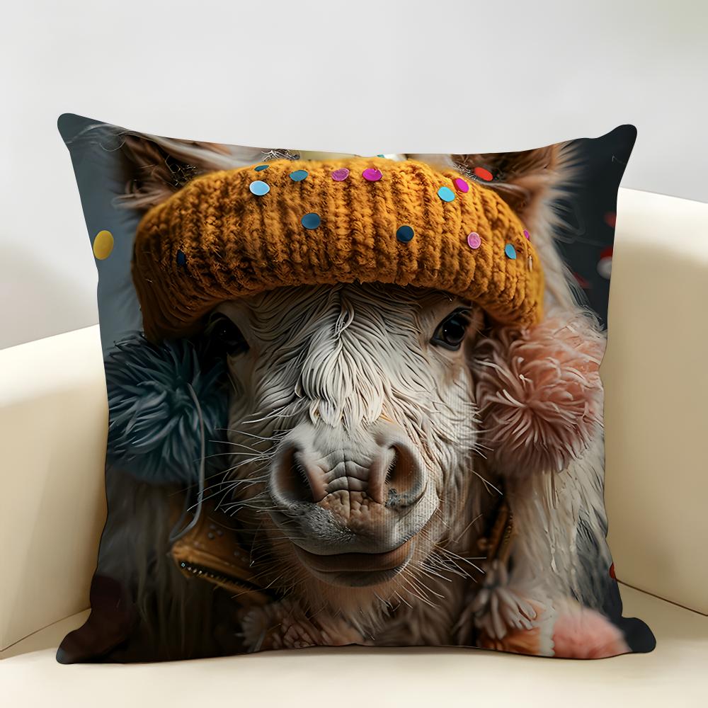 Cute Animal Friends Birthday Gift Cushion Cover Natural Linen Organic Fabric DoubleSided Printing Room Sofa Decor Pillow Case