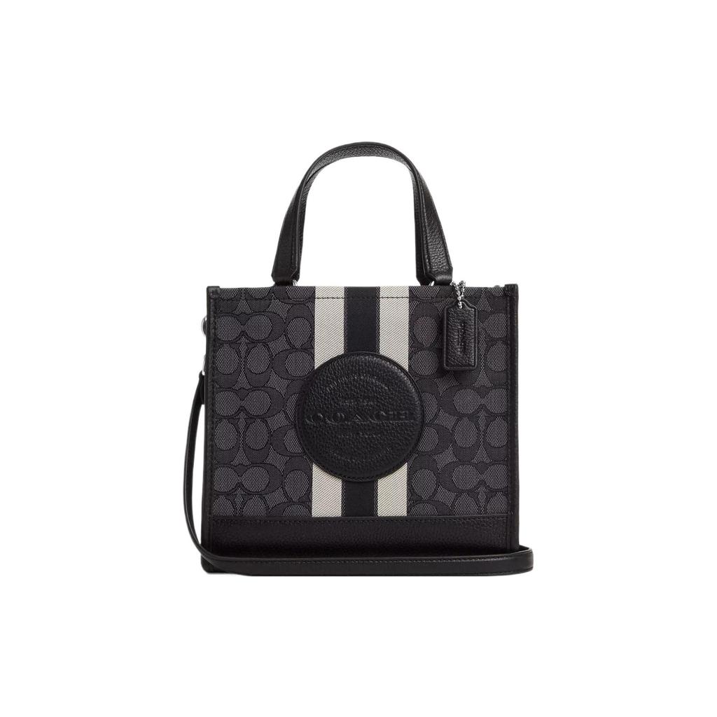 Coach Dempsey 22 Monogram Stripe Logo Decor Fabric With Leather Tote Bag Women tote Black CQ878-SVRT6