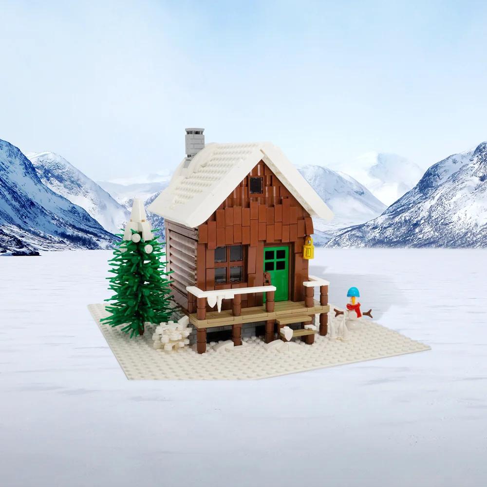Gobricks MOC Снежный Зимний Домик Модель из Кубиков Креативный Уличный Пейзаж Рождественский Дом Хижина Строительные Блоки Снежинка Дерево Игрушки