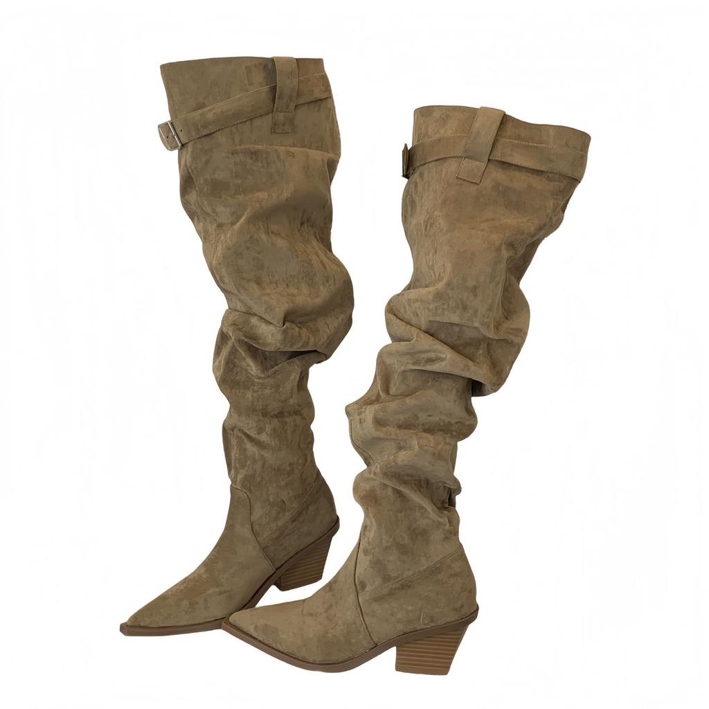 Autumn and Winter Knee Boots Children 2025 Europe and the United States New Thick Heel Pointed Suede Elastic Thin Boots Leg Over Knee Boots