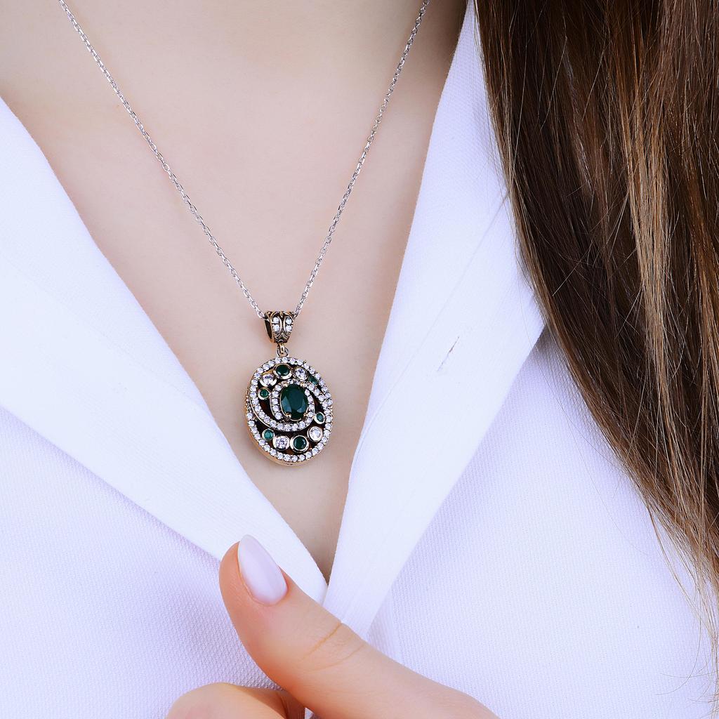 Ожерелье из изумрудного камня, турецкий ювелирный кулон, серебряное ожерелье в османском стиле, женское серебряное ожерелье, подарок для женщин
