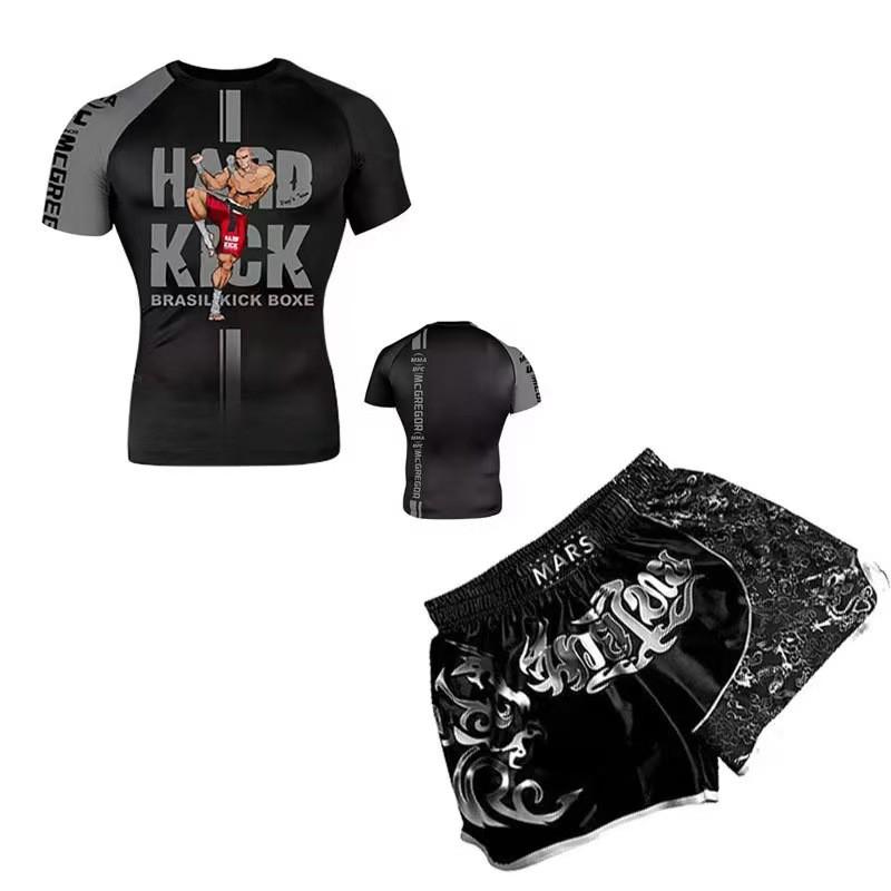 Mens Compression MMA Boxing Training Set Short Sleeve Rash Guard Shorts Combat Sports Fitness