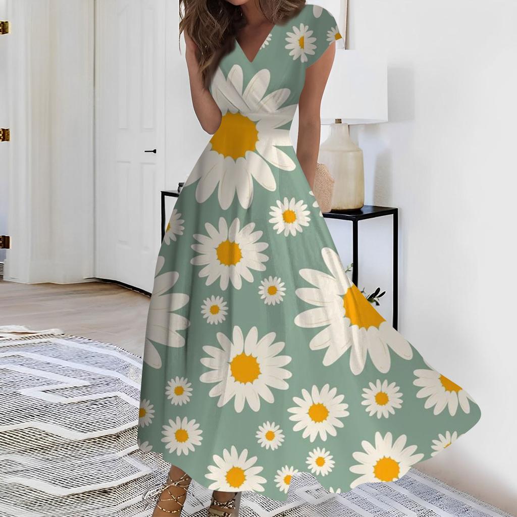 Женское длинное повседневное платье. Летнее платье с короткими рукавами и v-образным вырезом на талии с принтом.
