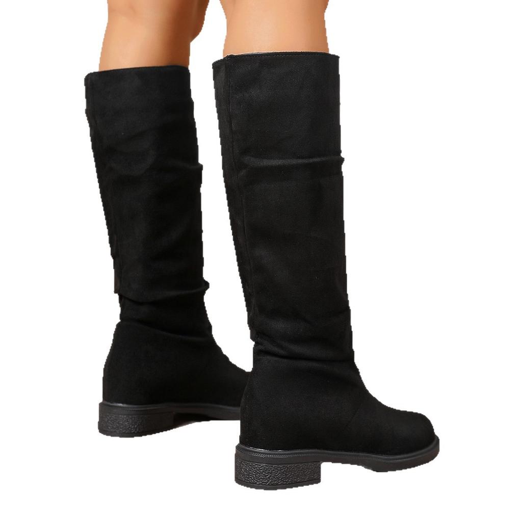 2025 новые повседневные большого размера ботфорты на наборном каблуке, замшевые ковбойские сапоги, высокие, на толстом каблуке, модные сапоги, плиссированные сапоги женские