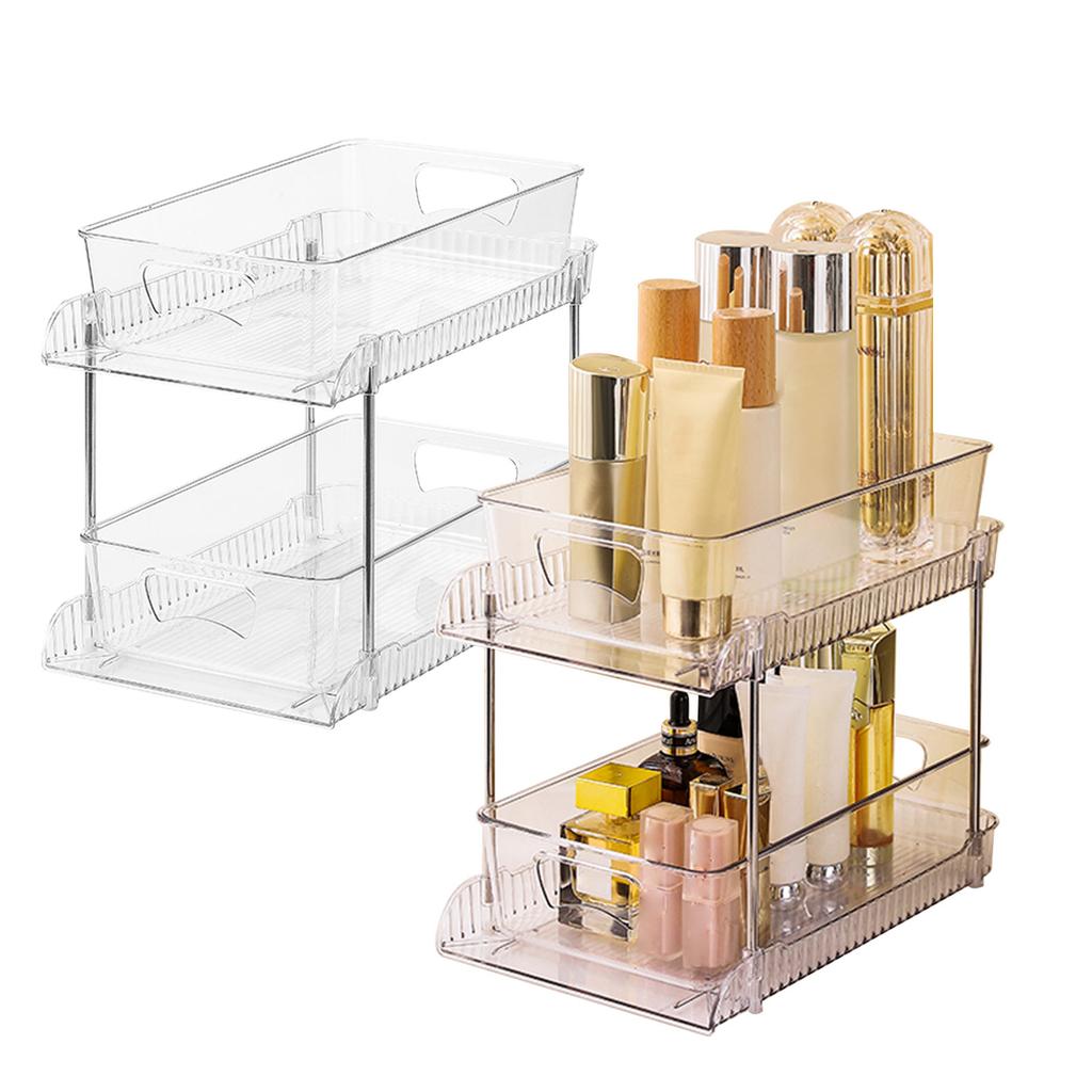 2 Pack Clear Bathroom Organizers 2 Tier Pull Out Multi Purpose Plastic Drawer Storage for Under Sink Kitchen
