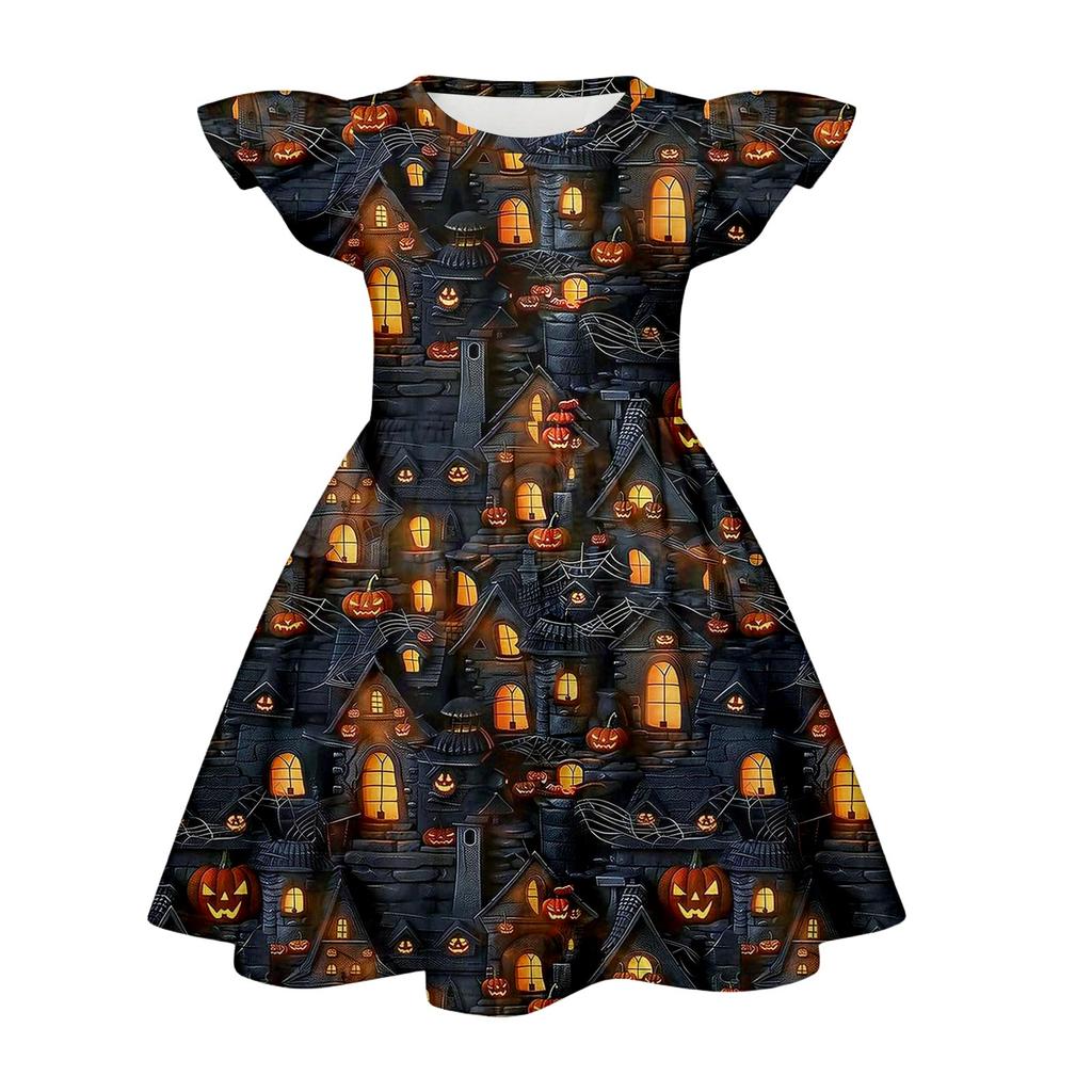 Girls Halloween Casual Round Neck Dress Ruffle Cap Sleeves A-Line Skater Dress Soft Comfortable Fabric Suitable for Daily Wear
