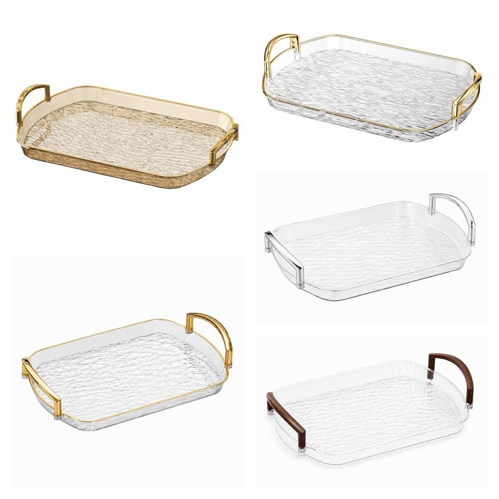 Transparent Clear Luxury Tray Gold Rim Dining Tea Serving Platter Decorative Tray Home Decor