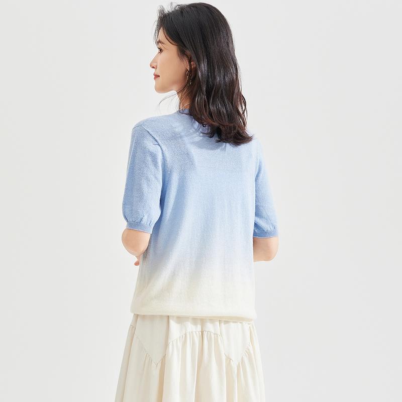 Autumn women's round neck short sleeved solid color gradient commuting versatile knitted wool sweater pullover top