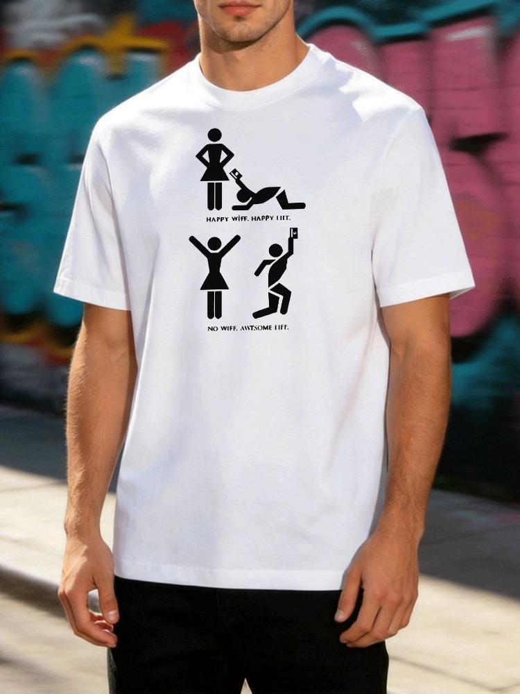 Male Cotton Crew Neck Tee Funny Happy Wife No Wife Stick Figure Graphic Short Sleeve Summer Daily Streetwear Basic Top For Unisex