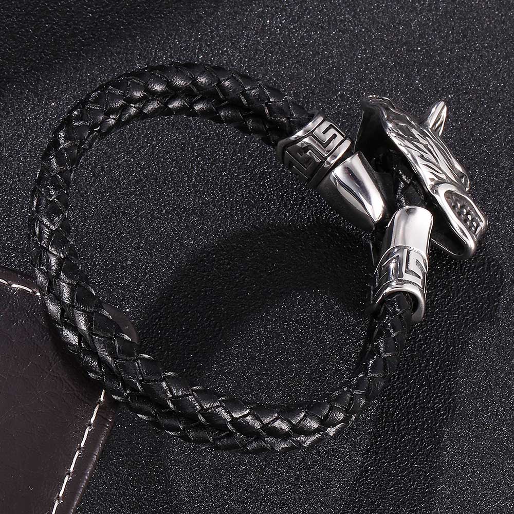 Genuine Double Punk Leather Layer Bracelet Men Silver Color Wolf Head Bangles Fashion Jewelry Gift