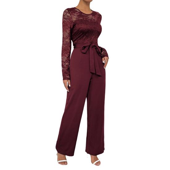 Женский формальный комбинезон с длинными рукавами и кружевом, с завышенной талией и широкими брюками, ромпер с поясом, летний
