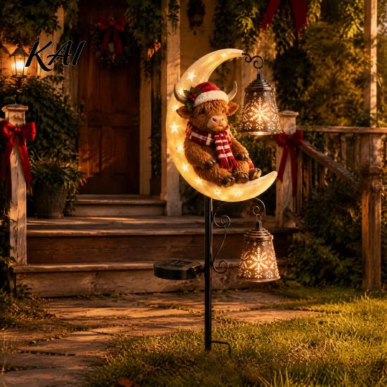 Metal Snowflake Garden Stakes Highland Cow Moon Solar Light, Christmas Seasonal Landscaping Decor Stake Powered Outdoor Yard Lawn Path Decoration