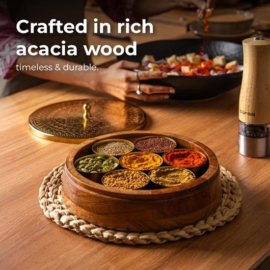 24.5 Cm Spice Box for Kitchen with Spoon 7 Detachable Containers, Acacia Wood 120 ML Storage Container Masala Dani for Gift