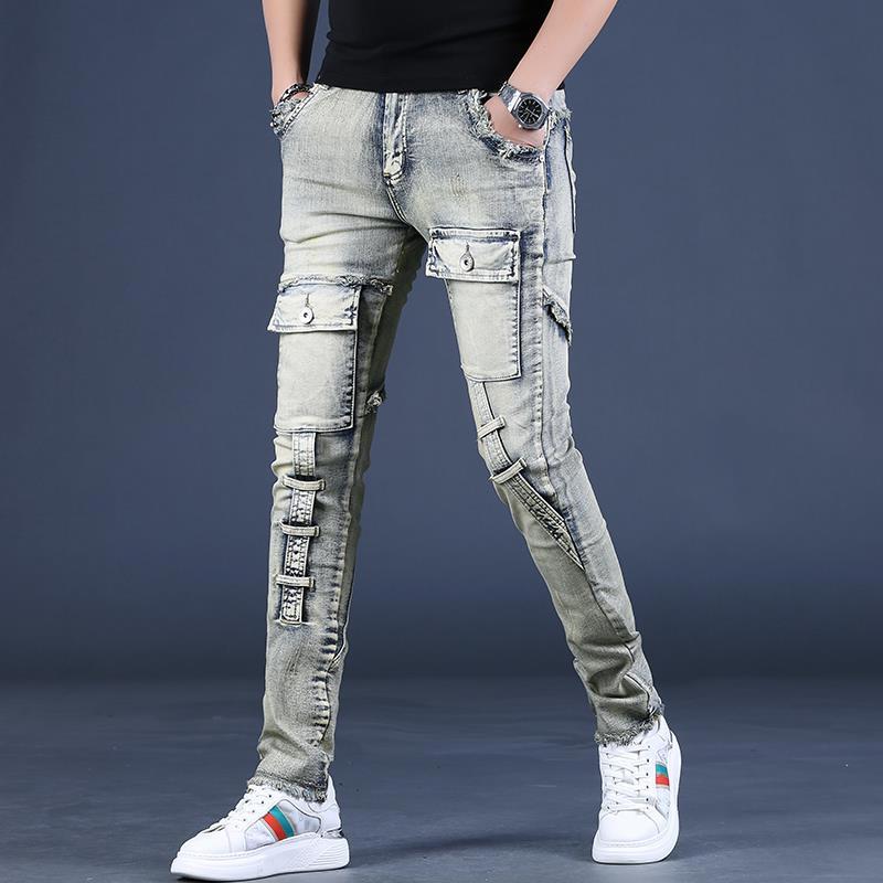 Мужские ретро-джинсы Slim Fit Workwear Heavy Washed - Весна и осень, узкие брюки с потертыми краями