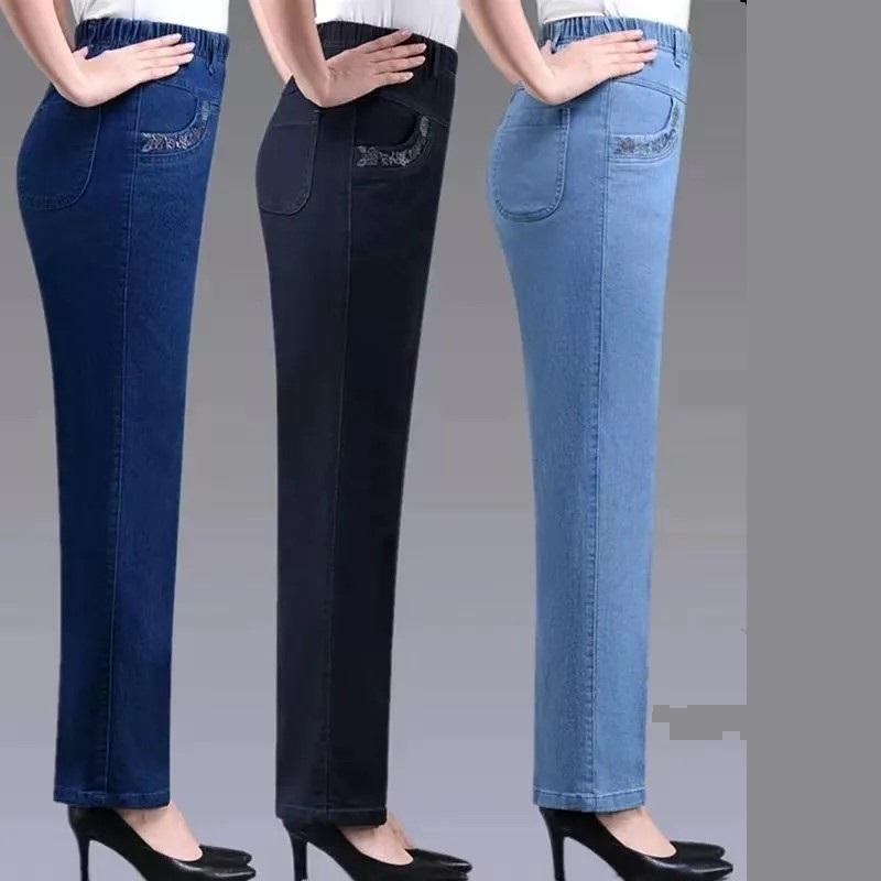 Middle Aged Elderly Women's Jeans Embroidered Pockets Elastic Waist Mom Pants Casual Denim Straight Leg Trousers New Spring