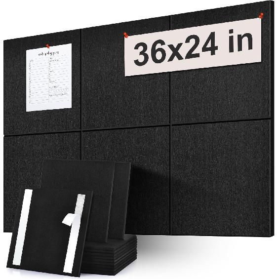 Большая альтернатива пробковой доске - Доска объявлений 24"x24" - Набор из 4 штук Черная фетровая доска для декора стен дома и офиса со звукопоглощением