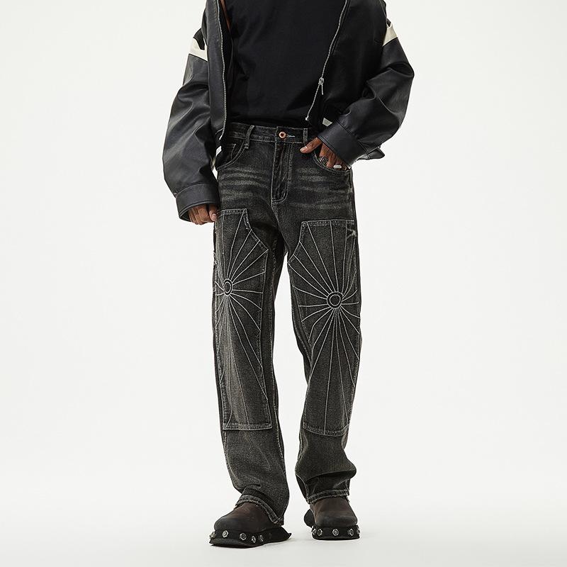 Tooling Denim Black Grey Star Embroidered Spider Web Jeans Men's Straight Loose Casual High Street Trousers