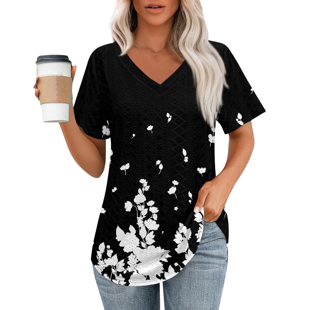 Womens T Shirts V Neck Short Sleeve Casual Tops Loose Fit Basic Tees With Curved Hem