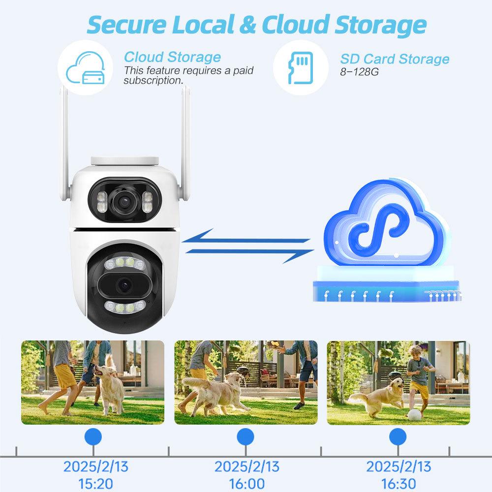 Беспроводная HD-камера ICSee с двумя объективами 8 Мп: 360° TPZ, Полноцветный, Водонепроницаемый для использования в помещении/на улице