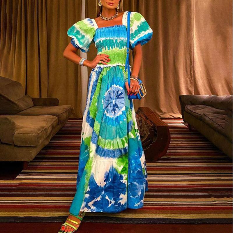 Женские летние свободные длинные платья с объемными рукавами и цифровым принтом