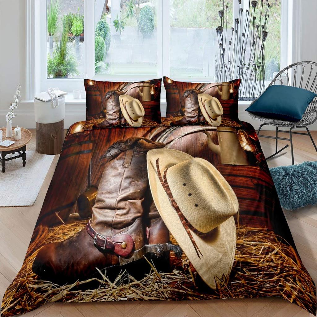 Western Cowboy King Queen Bedding Set Vintage Style Rodeo Duvet Cover Men Teens Boys Horse Quilt Cover Polyester Comforter Cover