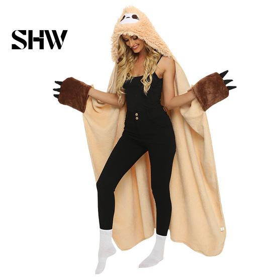 Cozy Weekend Wear Wearable Blanket Hoodie, Women Cute Animal Plush Hooded Cape, Soft Warm Pajamas for Adults Sloth Highland Cow Penguin Cape Cosplay,