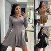 Solid Color Waist-Hugging Long Sleeve Lapel Dress