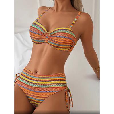 Принтованные комплекты бикини с завязками по бокам, с вырезами, с высокой талией, с высоким вырезом, купальник из двух частей, женский купальный костюм без спинки