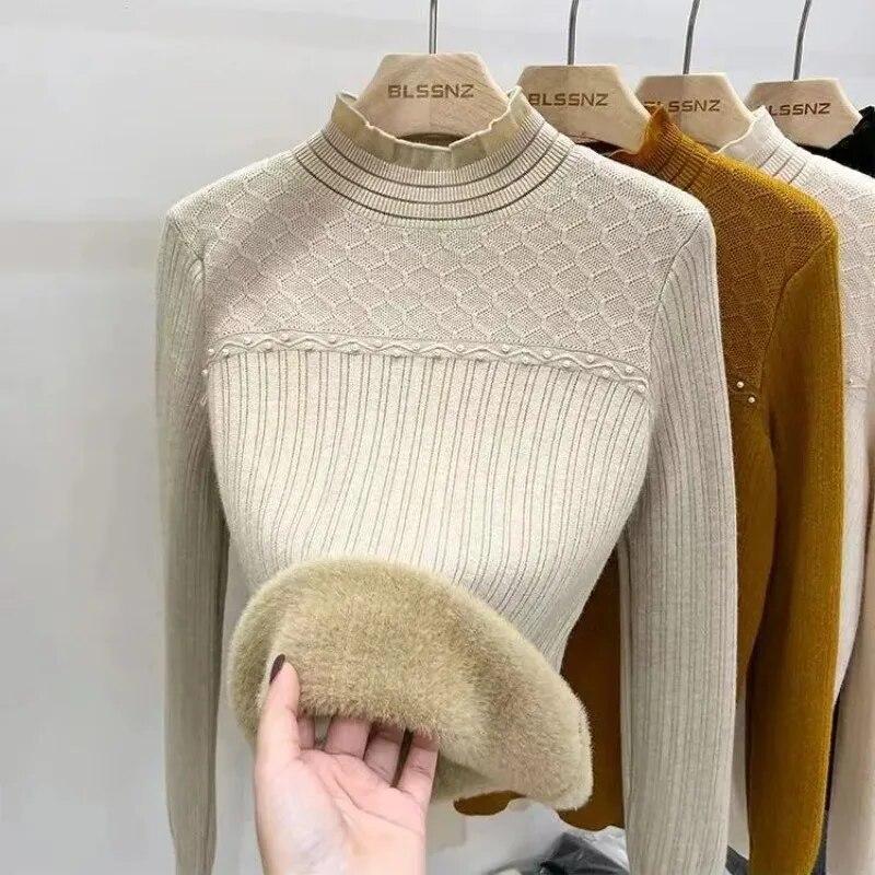 Кружевной трикотаж, теплый интегрированный плюшевый женский свитер, тонкий утепленный пуловер с полувысоким воротом, жемчужный джемпер, осень-зима