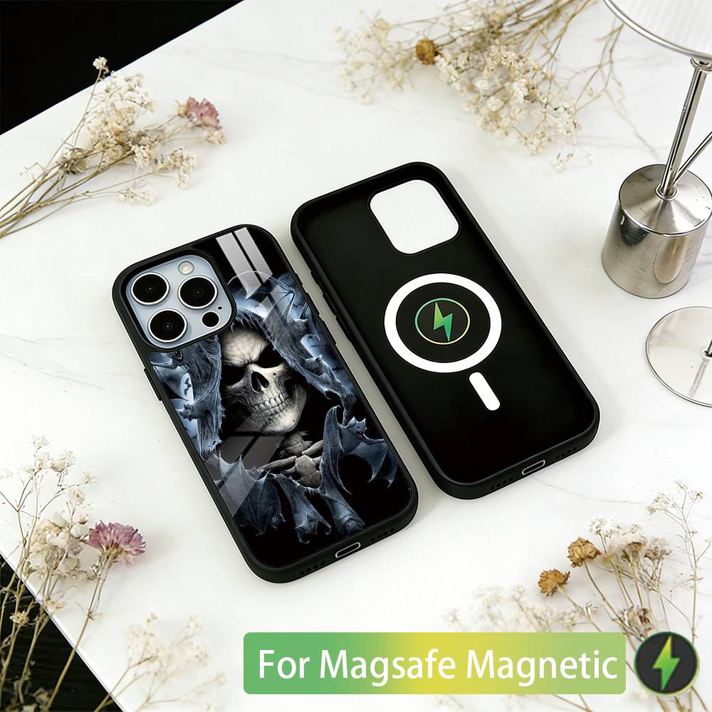 Grim Reaper Skull Skeleton Phone Case For iPhone17,16,15,14,13,12,11 Plus,Pro Magnetic For Magsafe Wireless Charging