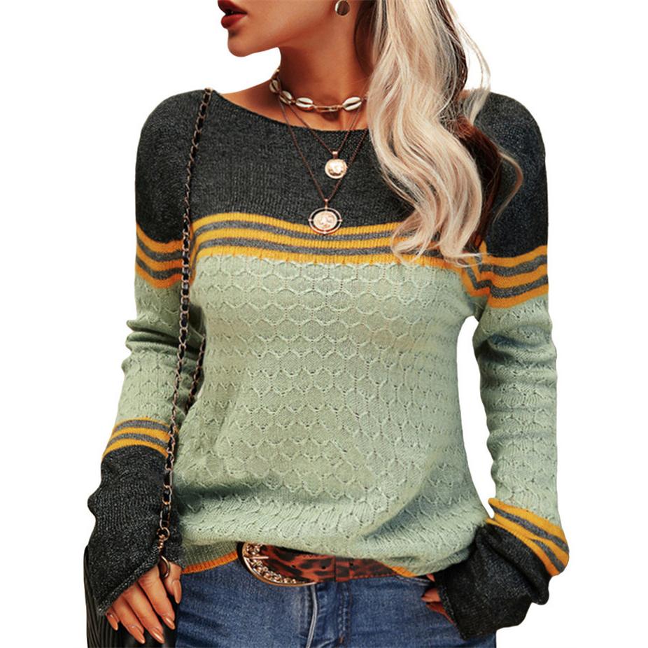 Herfst En Winter Vrouwen Crochet Temperament Commuter Tops Lange Mouwen Knit Stripe Colorblocking Ronde Hals Sweater